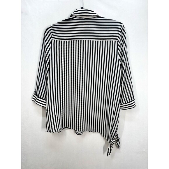 Chicos Semi Sheer Button Top Womens 0/Small Black White Stripe Side Tie 3/4 Slv - Picture 5 of 13